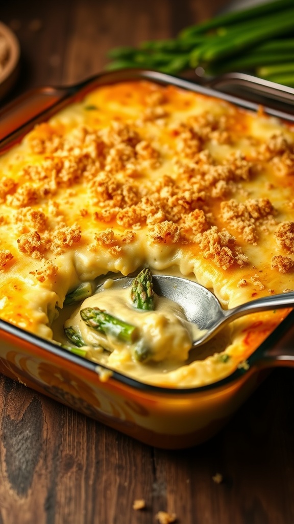 Cheesy asparagus casserole with breadcrumbs, served in a rustic dish on a wooden table.